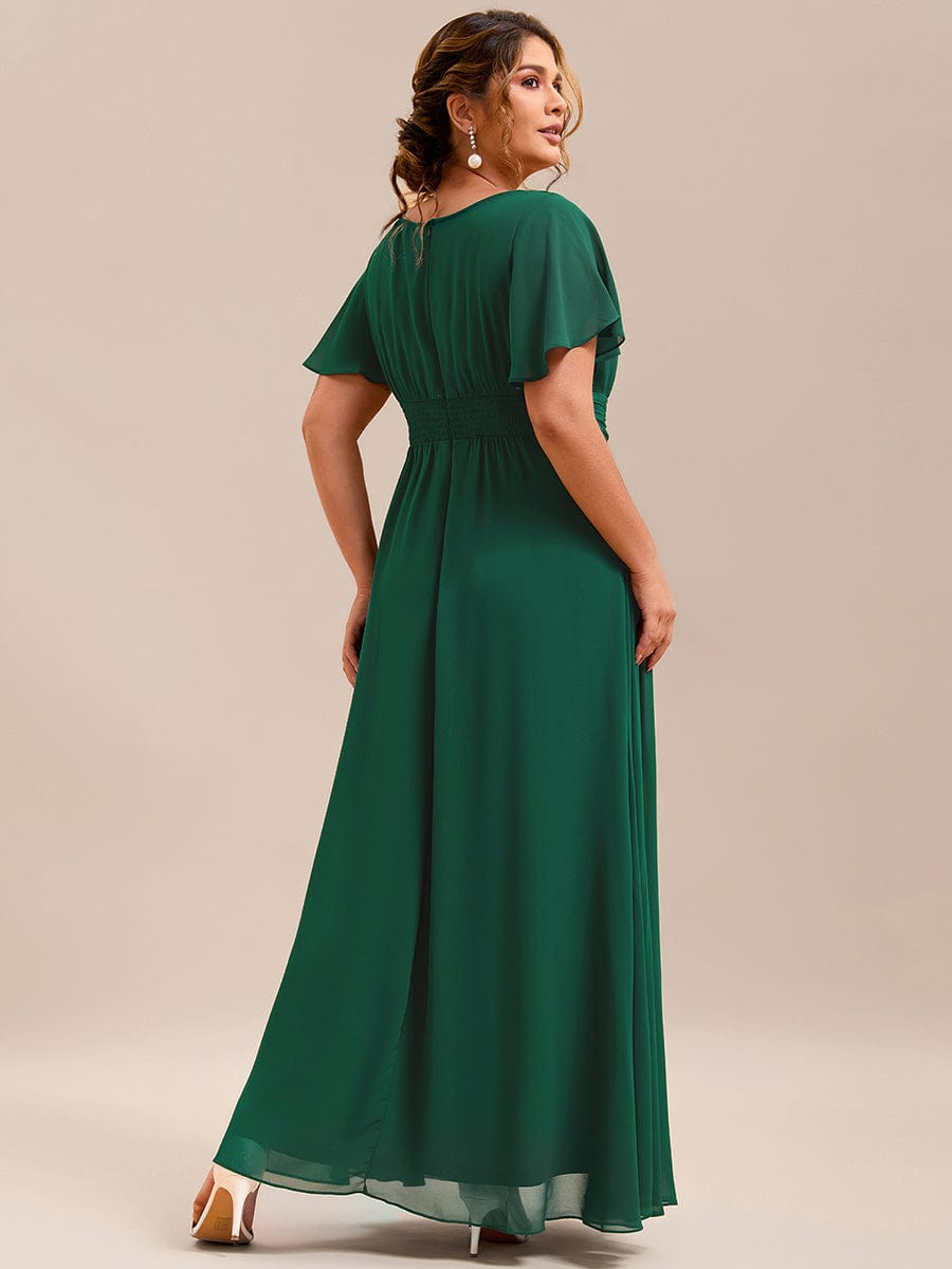 Plus Size Printed Chiffon Pleated Maxi Wedding Guest Dress #color_Dark Green