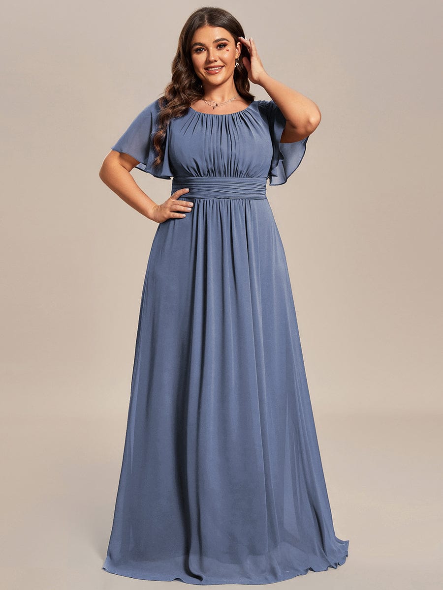 Plus Size Printed Chiffon Pleated Maxi Wedding Guest Dress #color_Dusty Blue