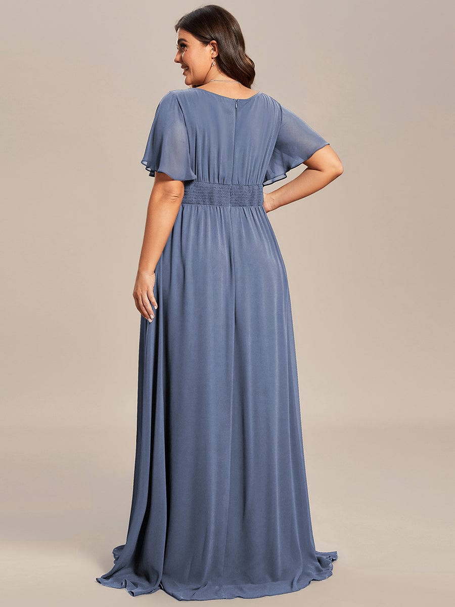 Plus Size Printed Chiffon Pleated Maxi Wedding Guest Dress #color_Dusty Blue