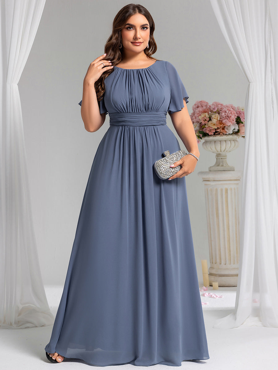 Plus Size Printed Chiffon Pleated Maxi Wedding Guest Dress #color_Dusty Blue