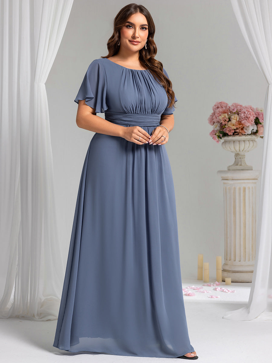 Plus Size Printed Chiffon Pleated Maxi Wedding Guest Dress #color_Dusty Blue