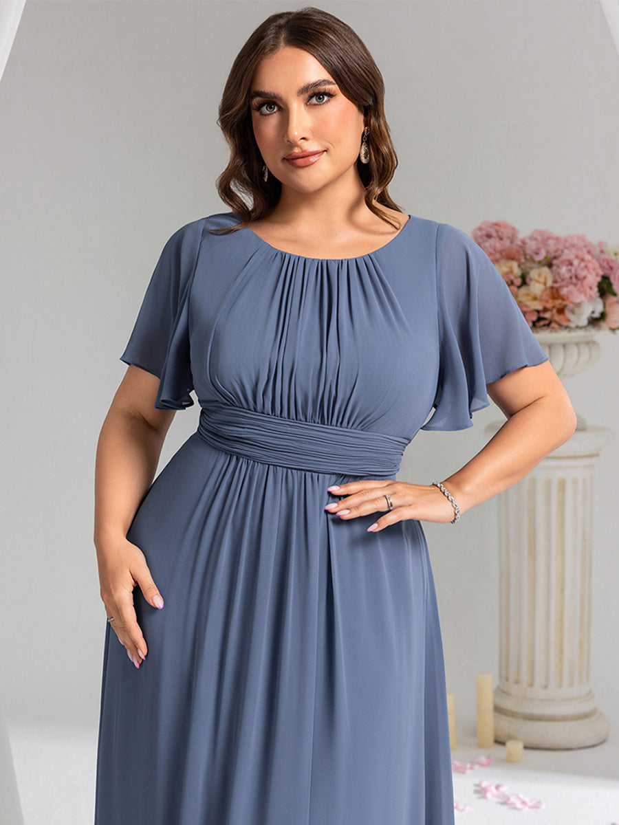 Plus Size Printed Chiffon Pleated Maxi Wedding Guest Dress #color_Dusty Blue