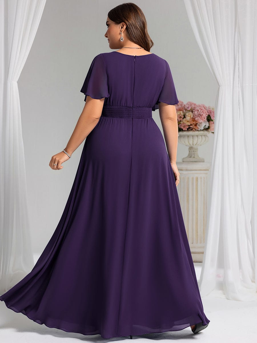 Plus Size Printed Chiffon Pleated Maxi Wedding Guest Dress #color_Dark Purple