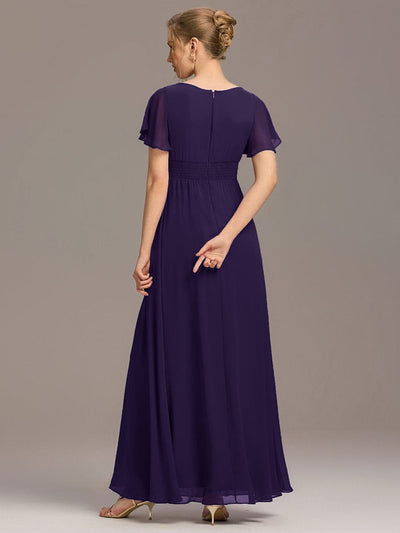 Simple Chiffon Pleated A-Line Round Neckline Bridesmaid Dress #color_Dark Purple