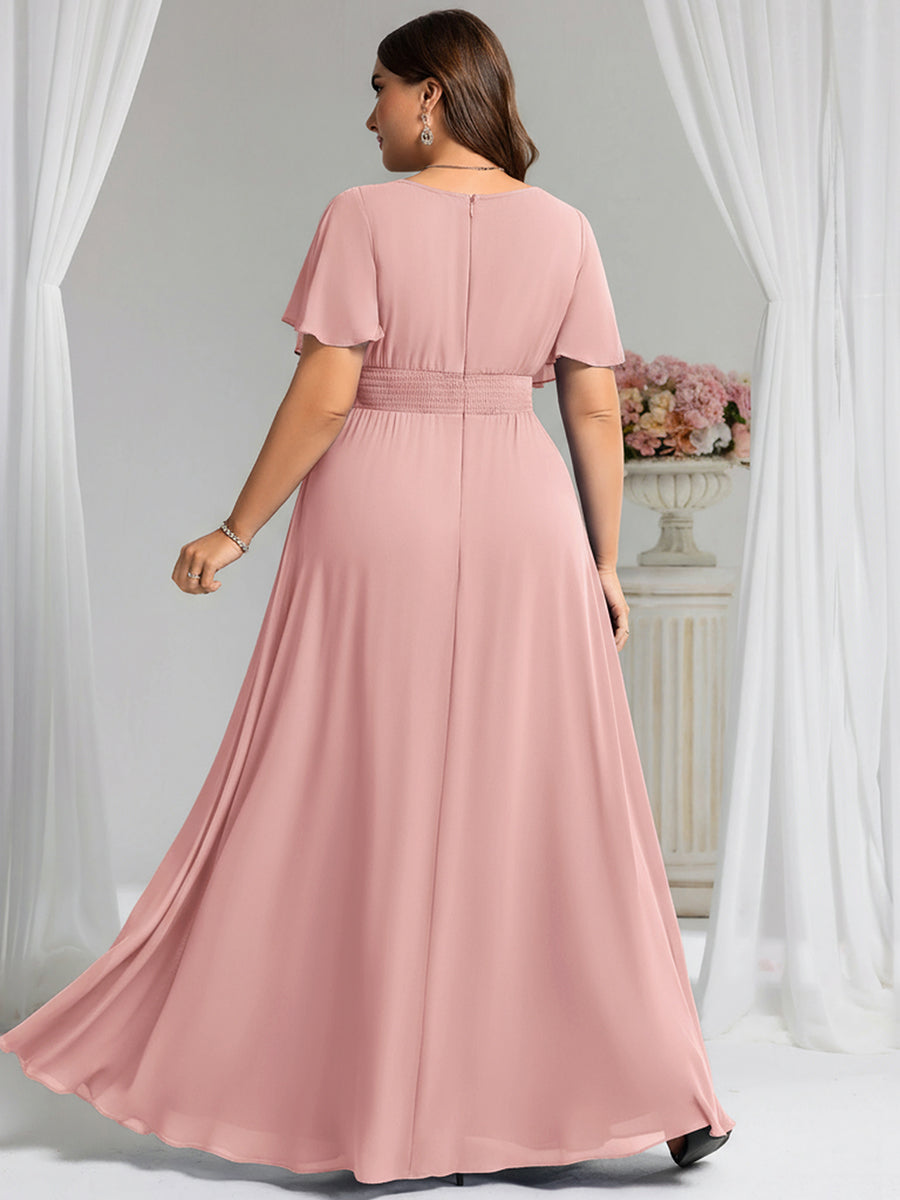 Plus Size Printed Chiffon Pleated Maxi Wedding Guest Dress #color_Dusty Rose