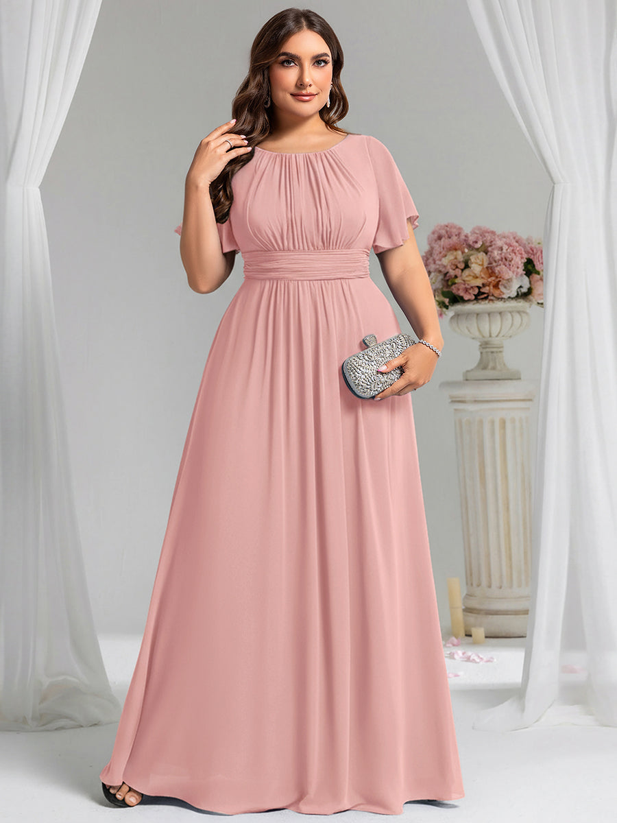 Plus Size Simple Chiffon Pleated A-Line Round Neckline Bridesmaid Dress #color_Dusty Rose