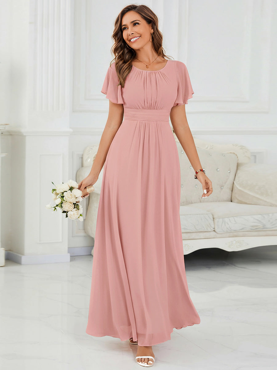 Ruched Chiffon Ruffle Sleeve Bridesmaid Dress #color_Dusty Rose
