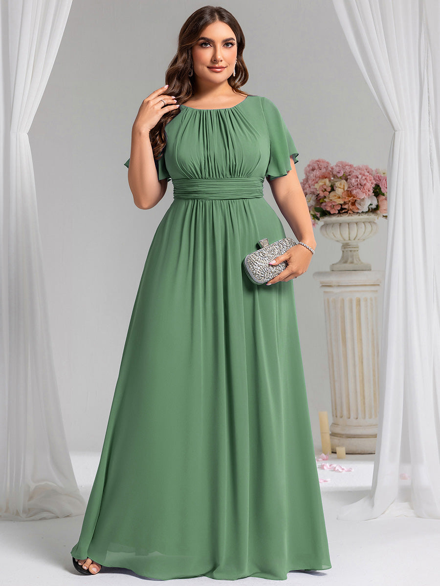 Plus Size Simple Chiffon Pleated A-Line Round Neckline Bridesmaid Dress #color_Green Bean