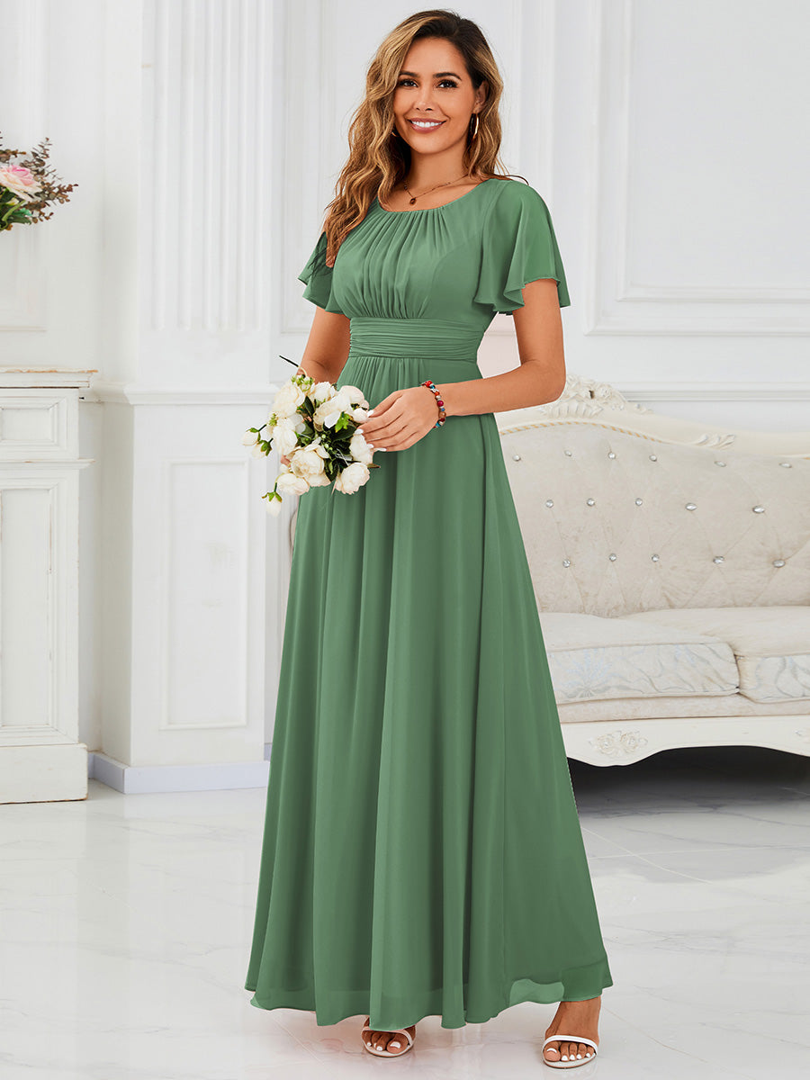 Ruched Chiffon Ruffle Sleeve Bridesmaid Dress #color_Green Bean