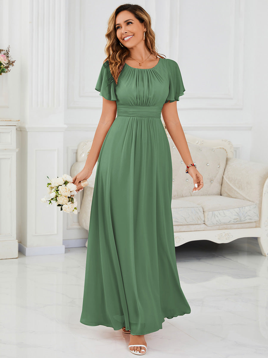 Ruched Chiffon Ruffle Sleeve Bridesmaid Dress #color_Green Bean