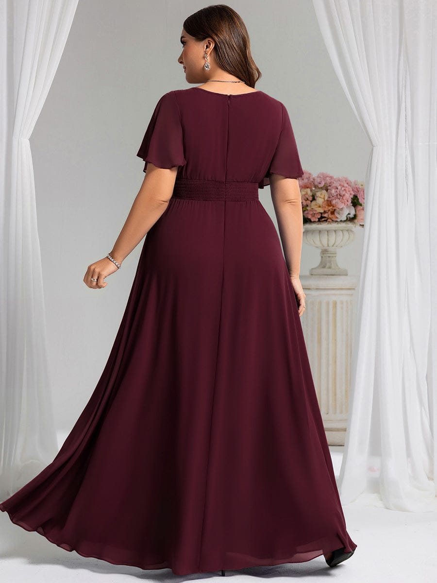 Plus Size Printed Chiffon Pleated Maxi Wedding Guest Dress #color_Mulberry