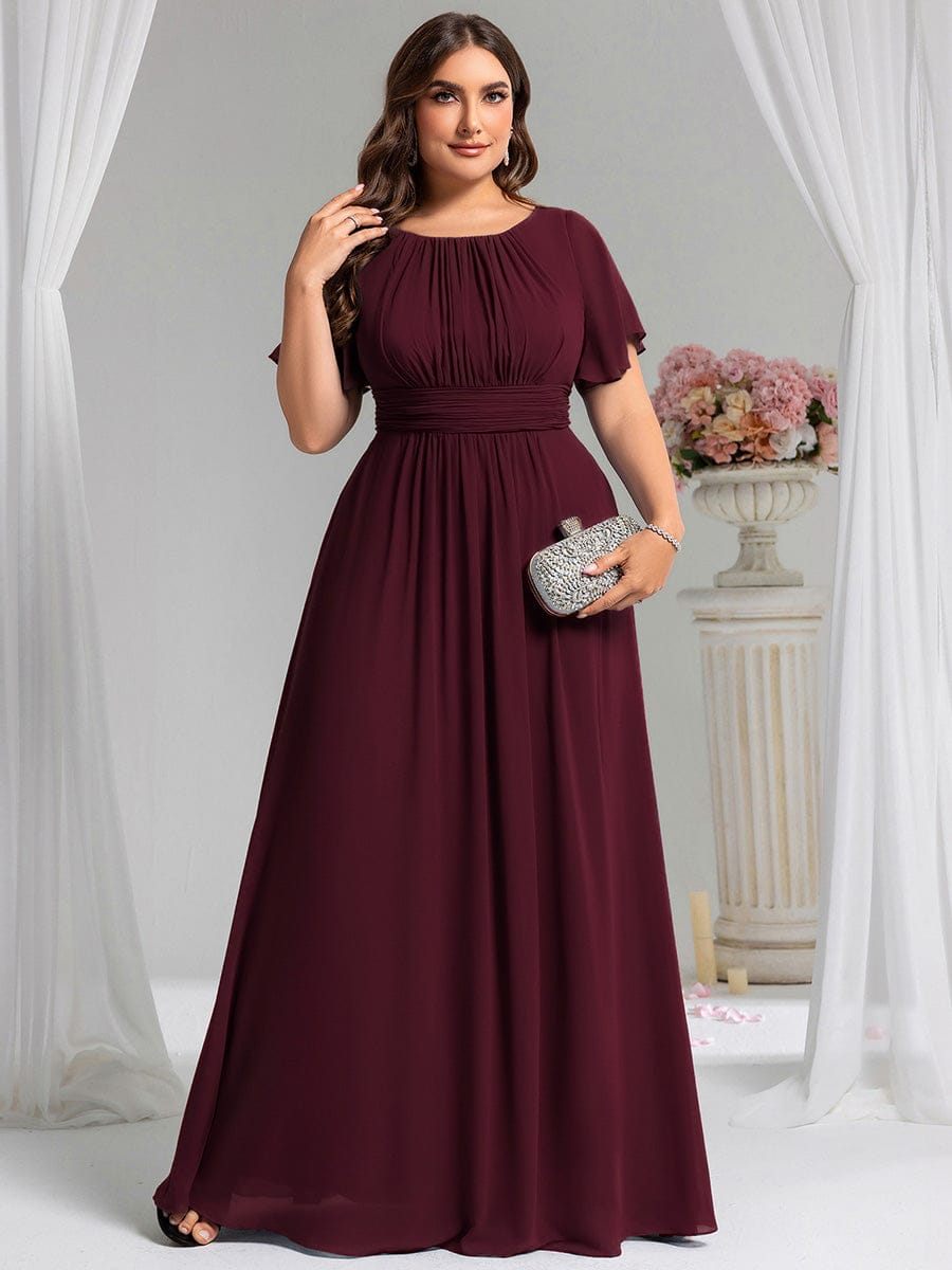 Plus Size Simple Chiffon Pleated A-Line Round Neckline Bridesmaid Dress #color_Mulberry