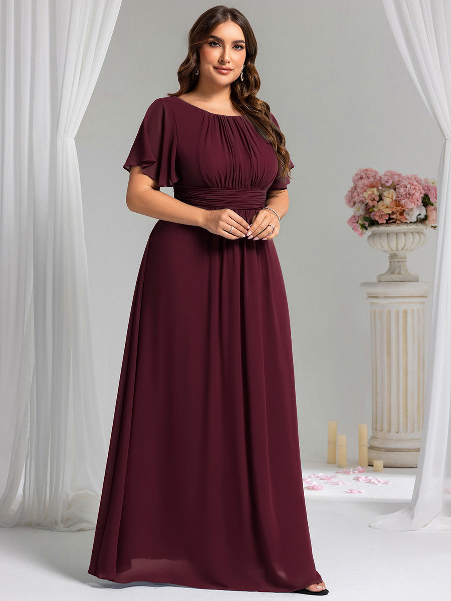 Plus Size Simple Chiffon Pleated A-Line Round Neckline Bridesmaid Dress #color_Mulberry