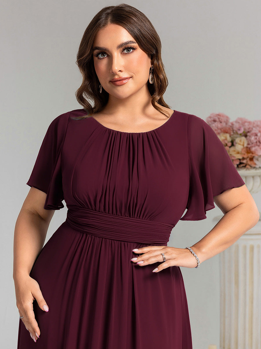 Plus Size Simple Chiffon Pleated A-Line Round Neckline Bridesmaid Dress #color_Mulberry