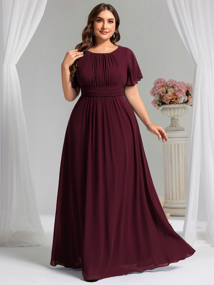 Plus Size Simple Chiffon Pleated A-Line Round Neckline Bridesmaid Dress #color_Mulberry