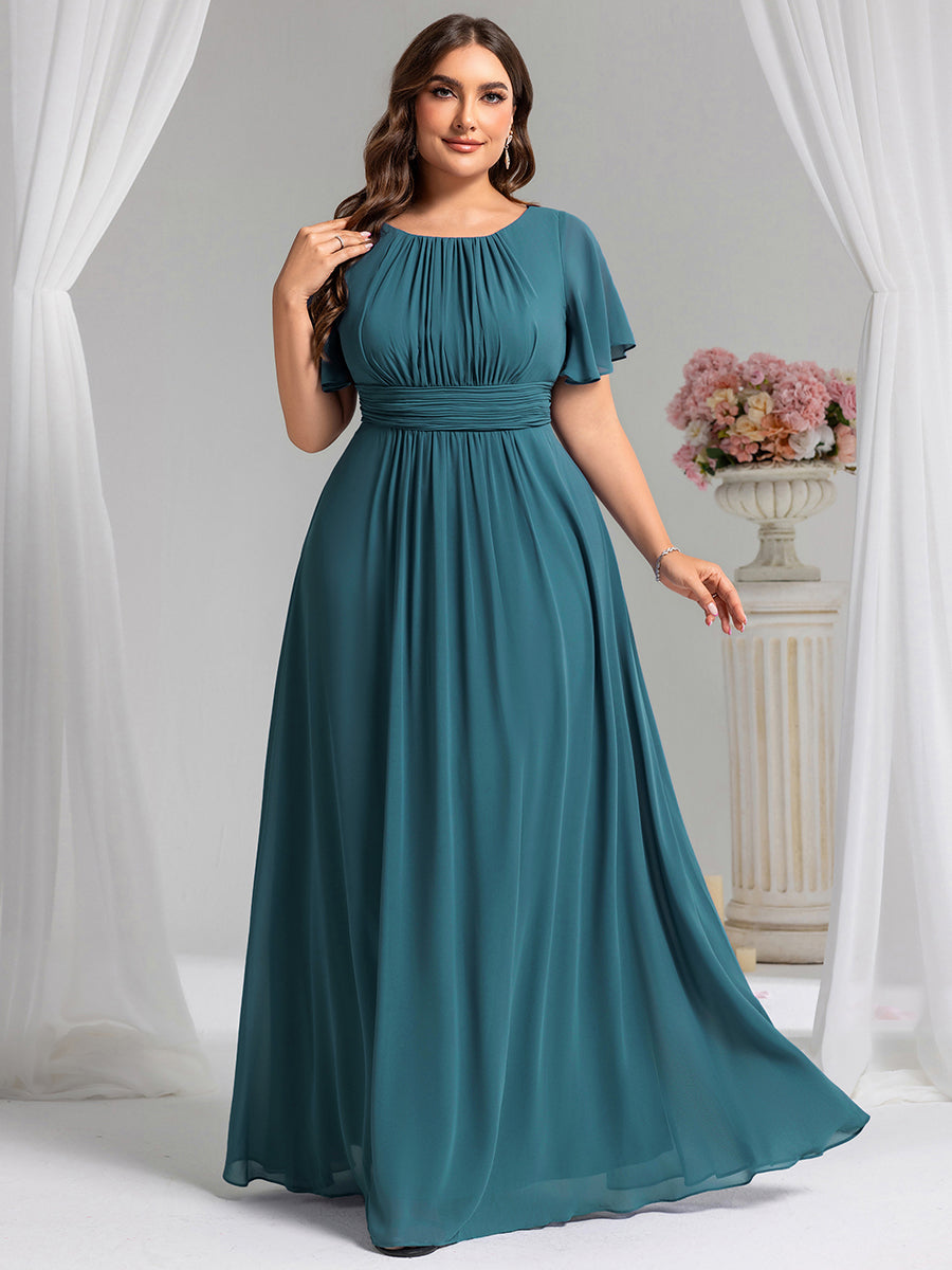 Plus Size Simple Chiffon Pleated A-Line Round Neckline Bridesmaid Dress #color_Teal