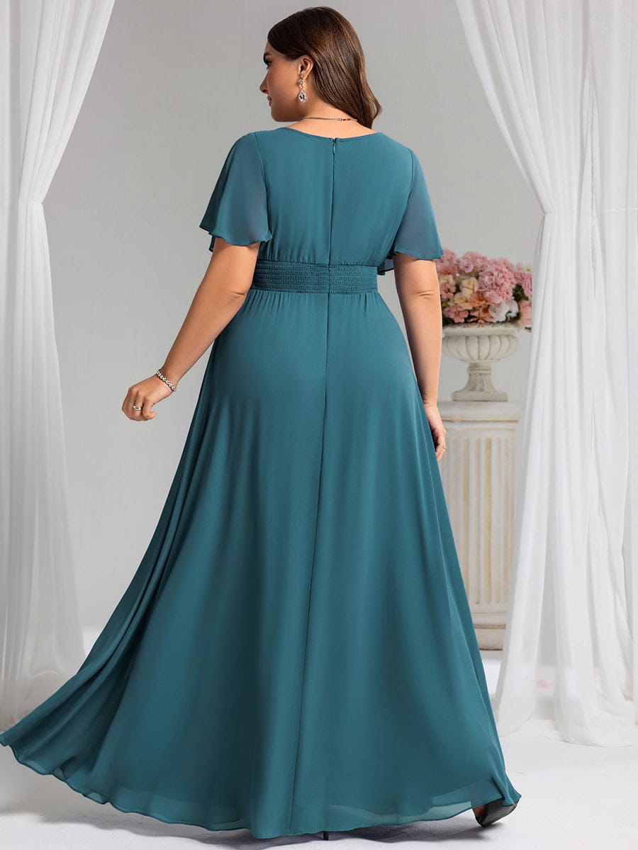 Plus Size Printed Chiffon Pleated Maxi Wedding Guest Dress #color_Teal