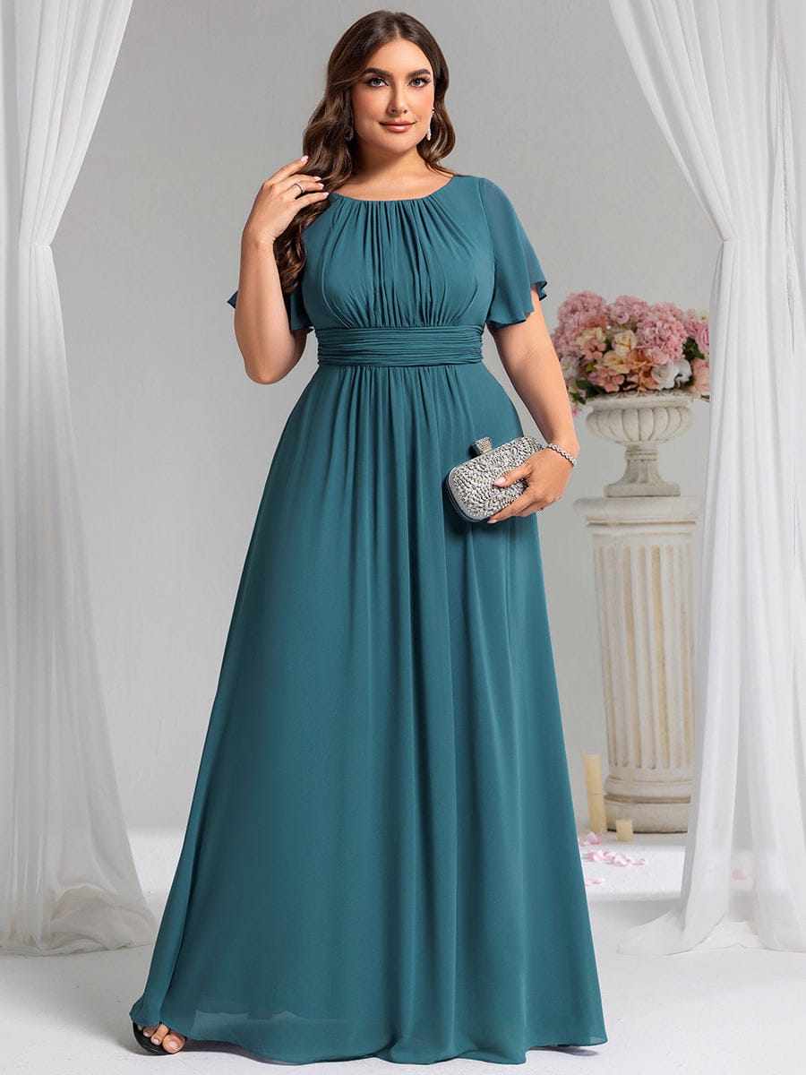 Plus Size Simple Chiffon Pleated A-Line Round Neckline Bridesmaid Dress #color_Teal
