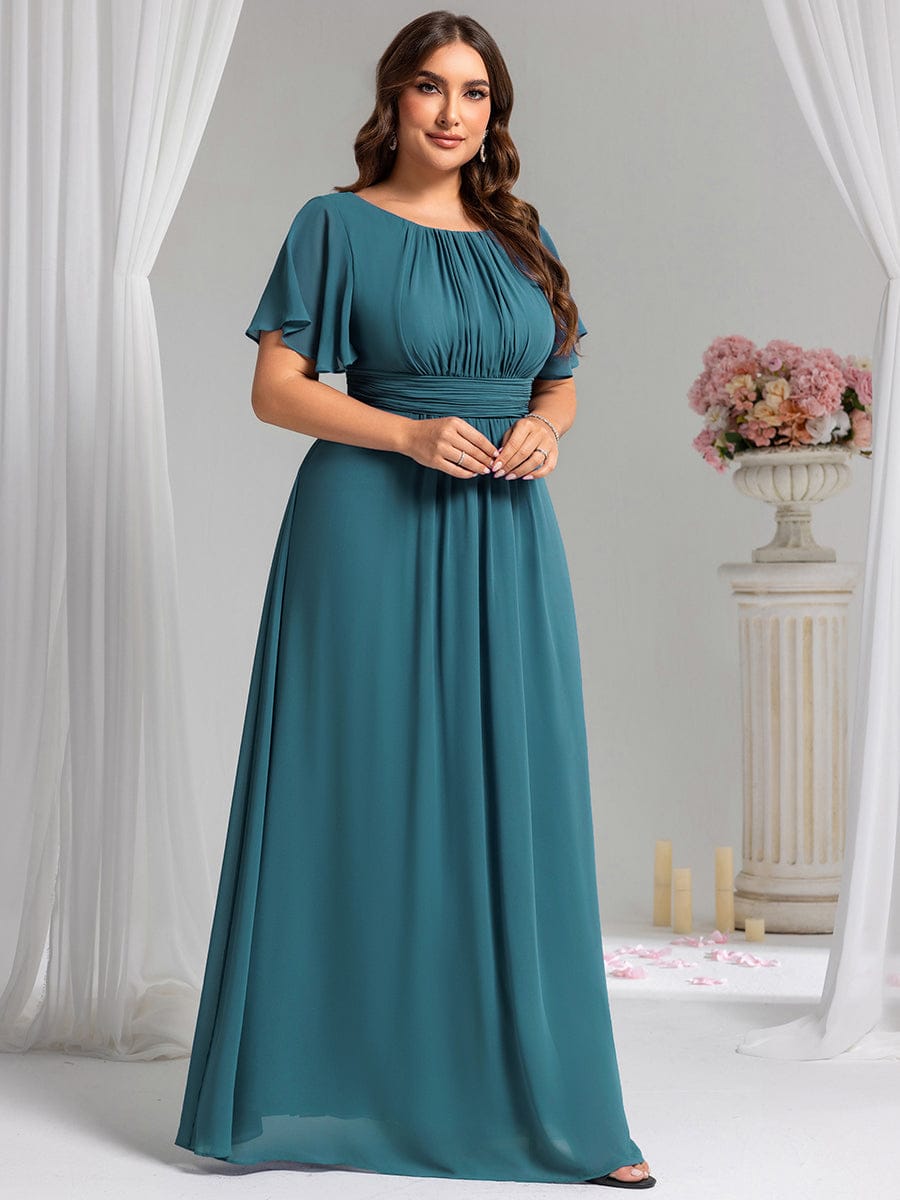 Plus Size Simple Chiffon Pleated A-Line Round Neckline Bridesmaid Dress #color_Teal