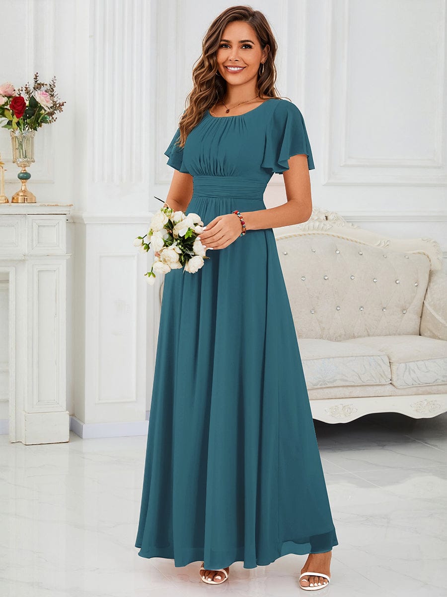 Simple Chiffon Pleated A-Line Round Neckline Bridesmaid Dress #color_Teal
