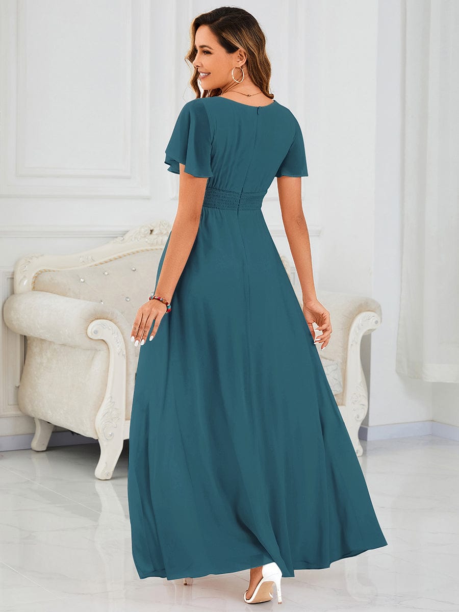 Simple Chiffon Pleated A-Line Round Neckline Bridesmaid Dress #color_Teal