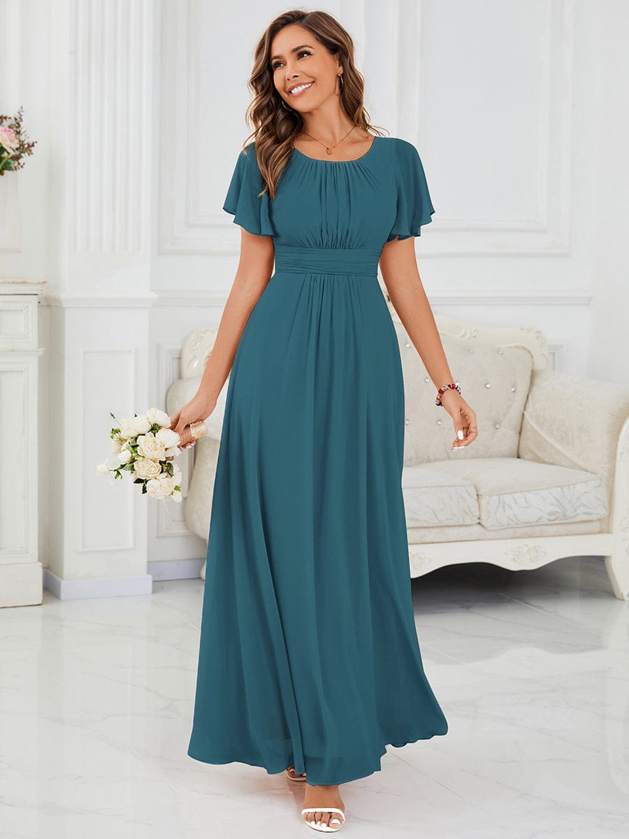Simple Chiffon Pleated A-Line Round Neckline Bridesmaid Dress #color_Teal