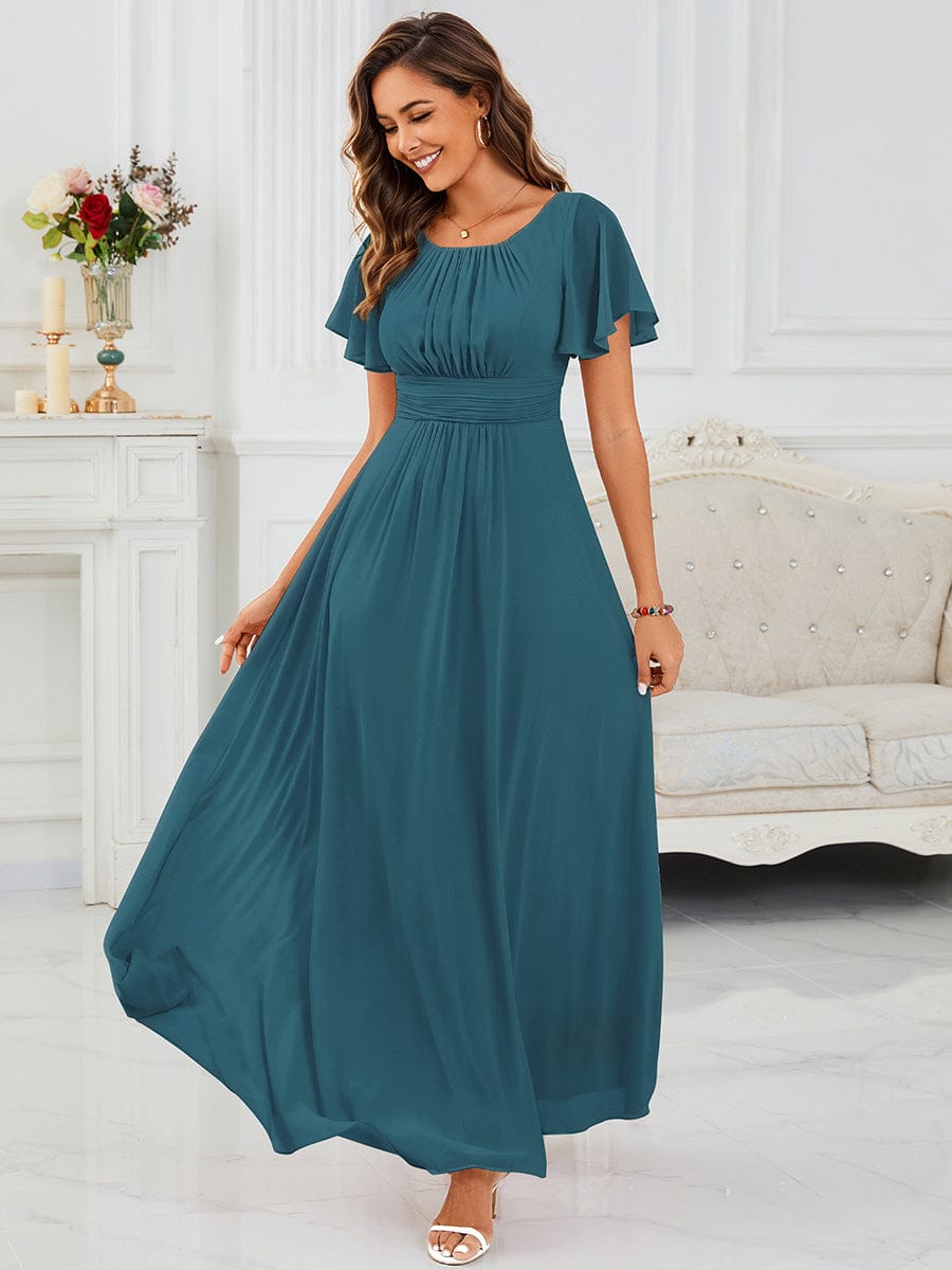 Simple Chiffon Pleated A-Line Round Neckline Bridesmaid Dress #color_Teal