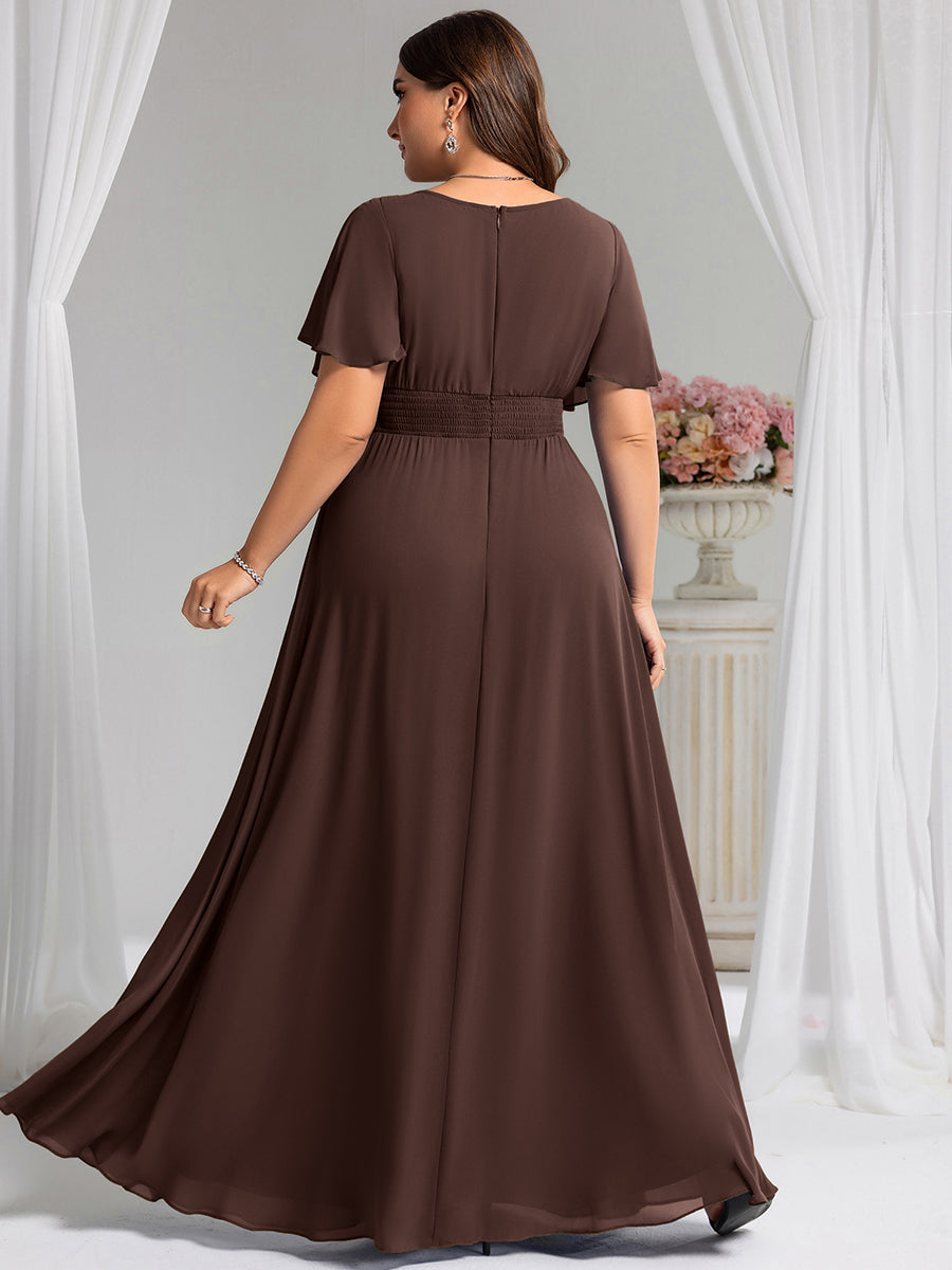 Plus Size Printed Chiffon Pleated Maxi Wedding Guest Dress #color_Chocolate Brown
