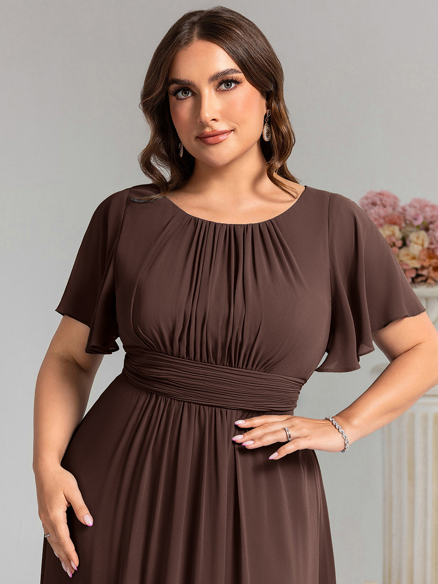 Plus Size Printed Chiffon Pleated Maxi Wedding Guest Dress #color_Chocolate Brown