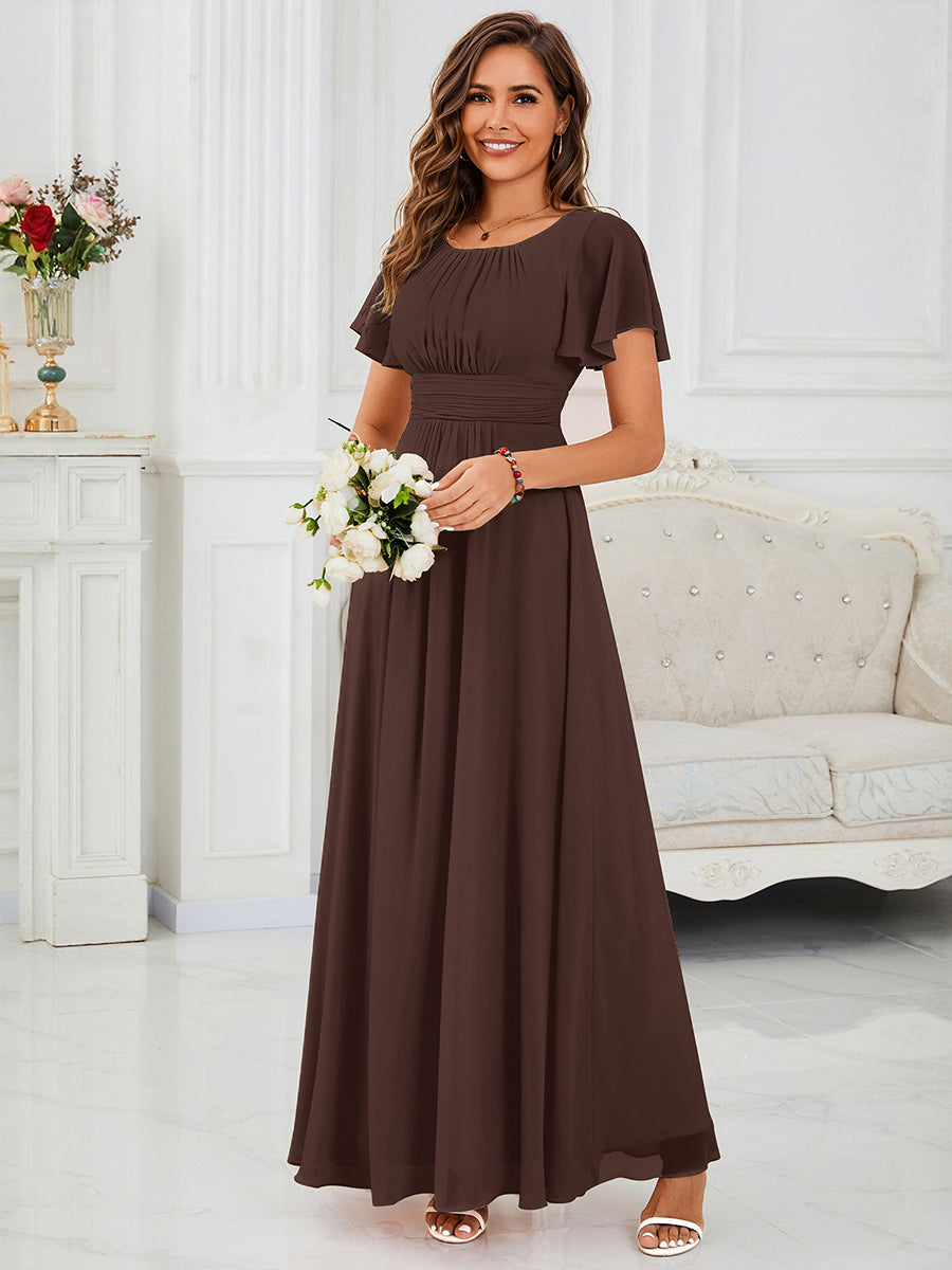 Maxi Chiffon Ruffles Sleeve Wedding Guest Dress #color_Chocolate Brown