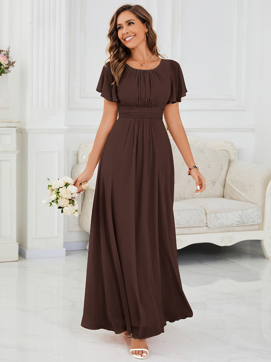 Maxi Chiffon Ruffles Sleeve Wedding Guest Dress #color_Chocolate Brown