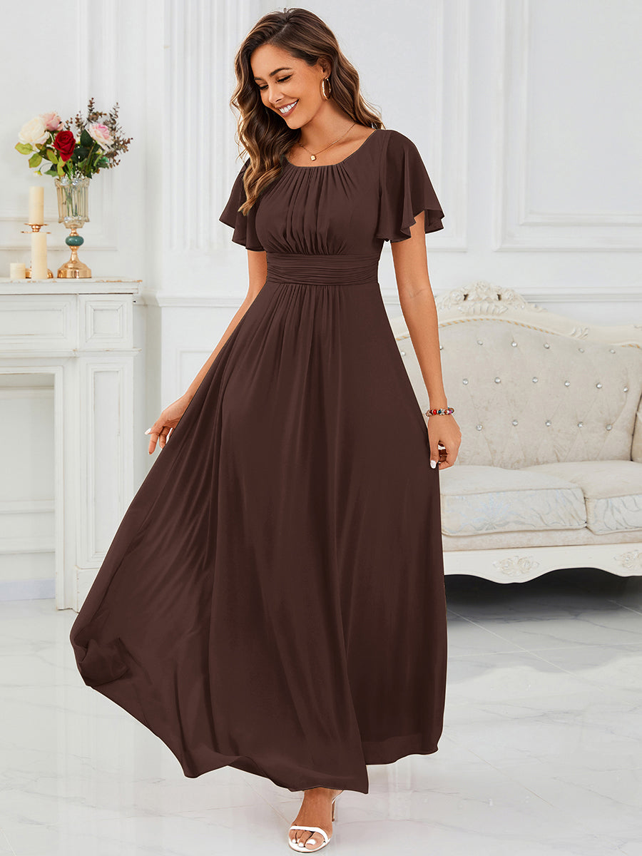 Maxi Chiffon Ruffles Sleeve Wedding Guest Dress #color_Chocolate Brown