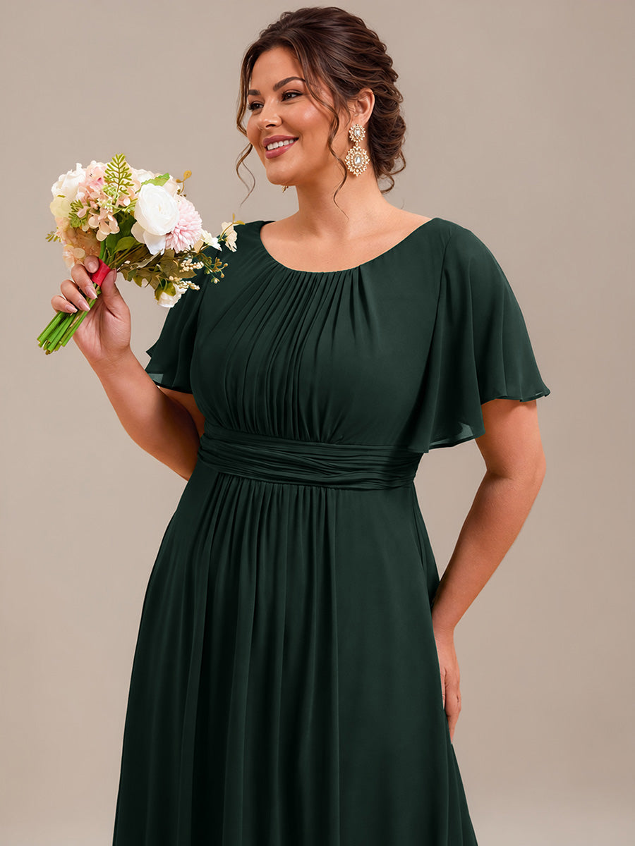 Ruched Chiffon Ruffle Sleeve Bridesmaid Dress #color_Dark Forest Green