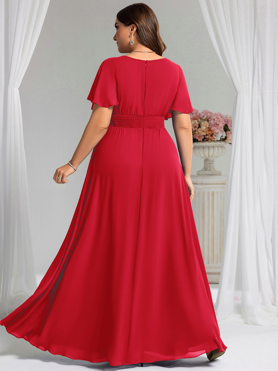 Maxi Chiffon Ruffles Sleeve Wedding Guest Dress #color_Red