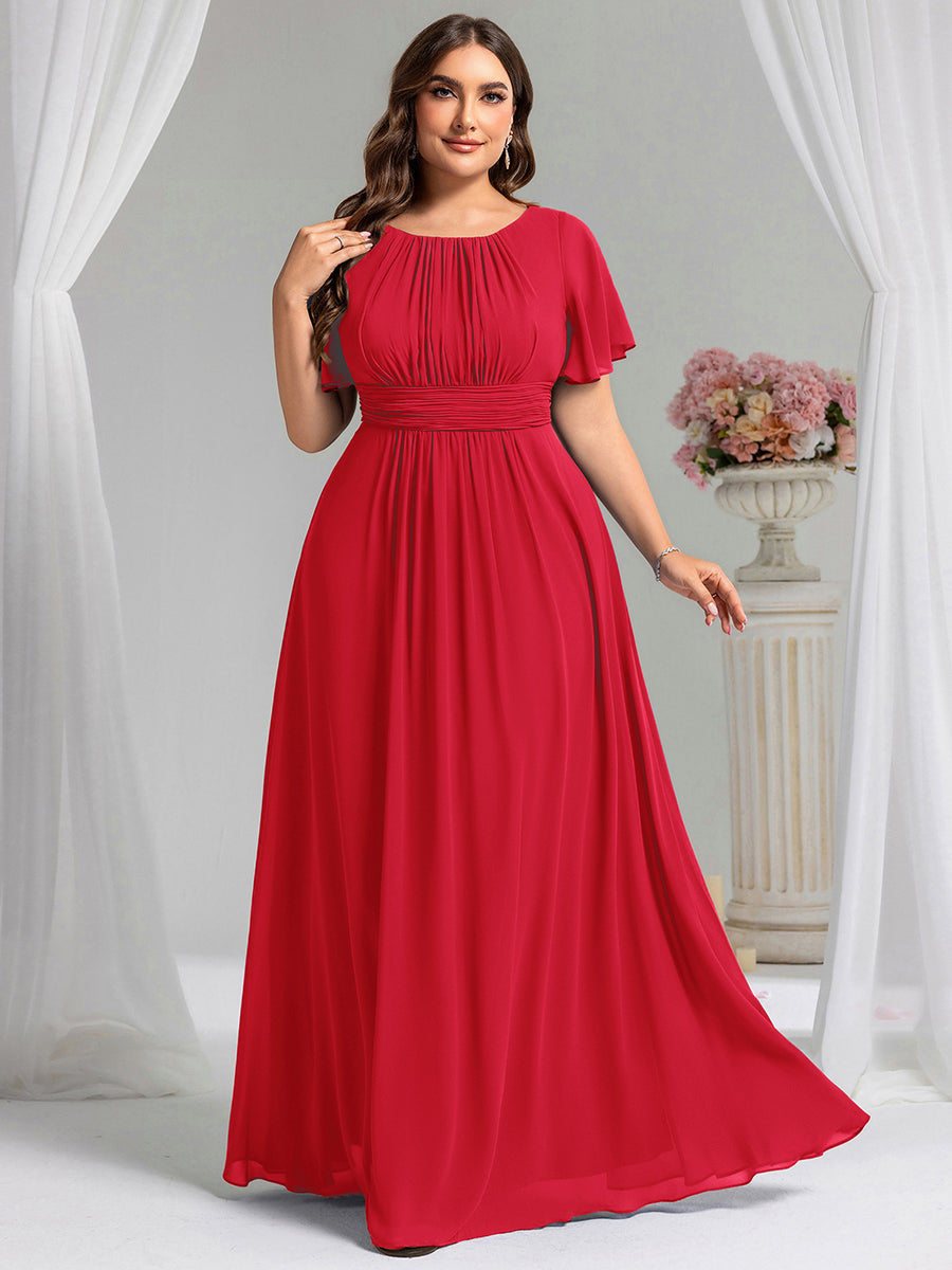 Plus Size Printed Chiffon Pleated Maxi Wedding Guest Dress #color_Red