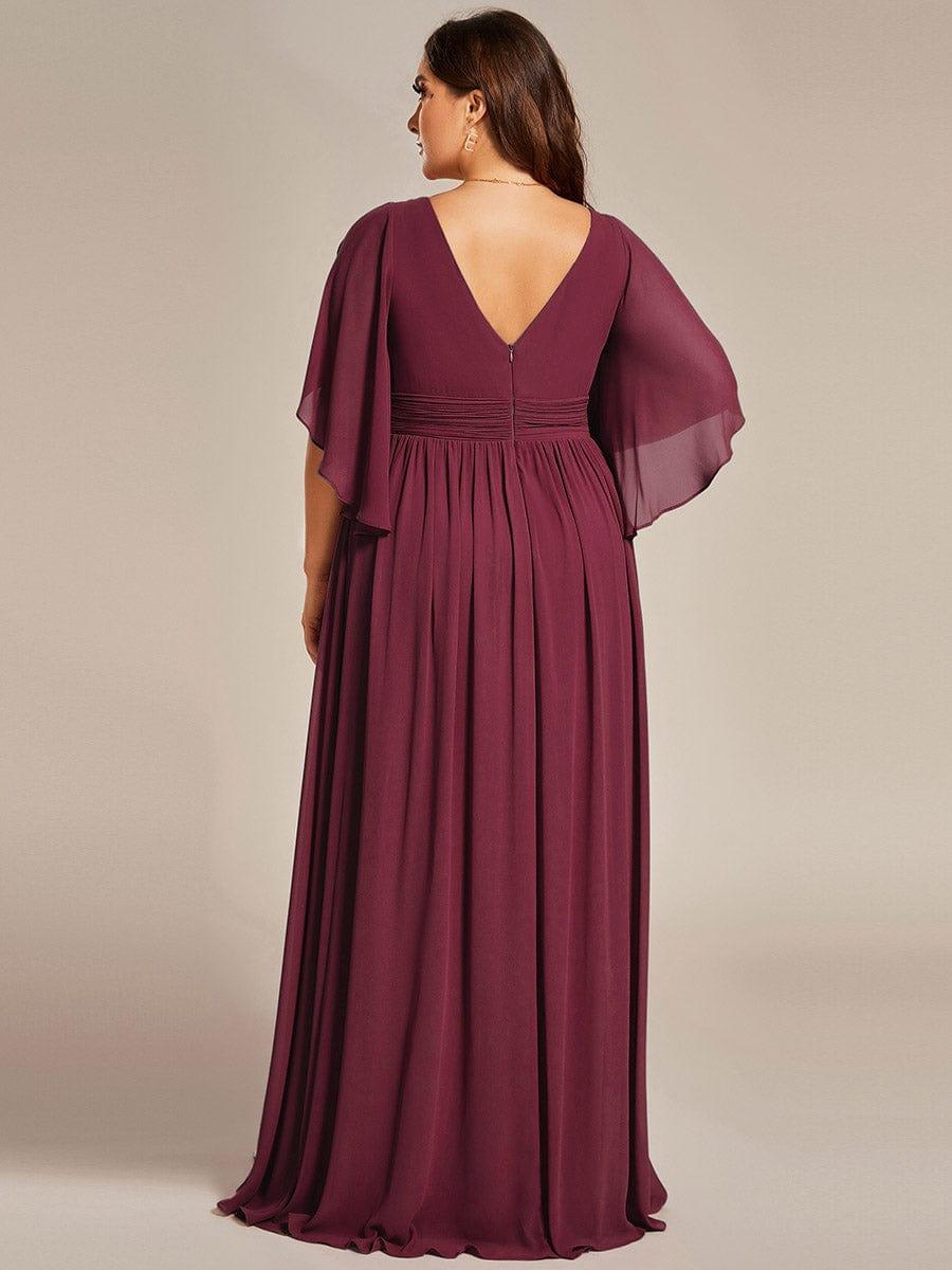 Plus Size Printed Half Sleeve Pleated A-Line Chiffon Wedding Guest Dress #color_Burgundy
