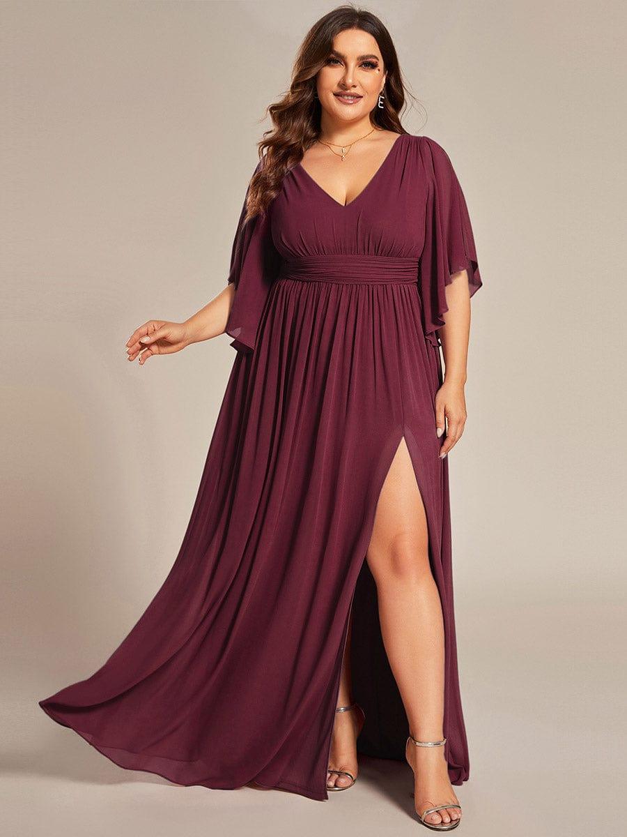 Plus Size Printed Half Sleeve Pleated A-Line Chiffon Wedding Guest Dress #color_Burgundy