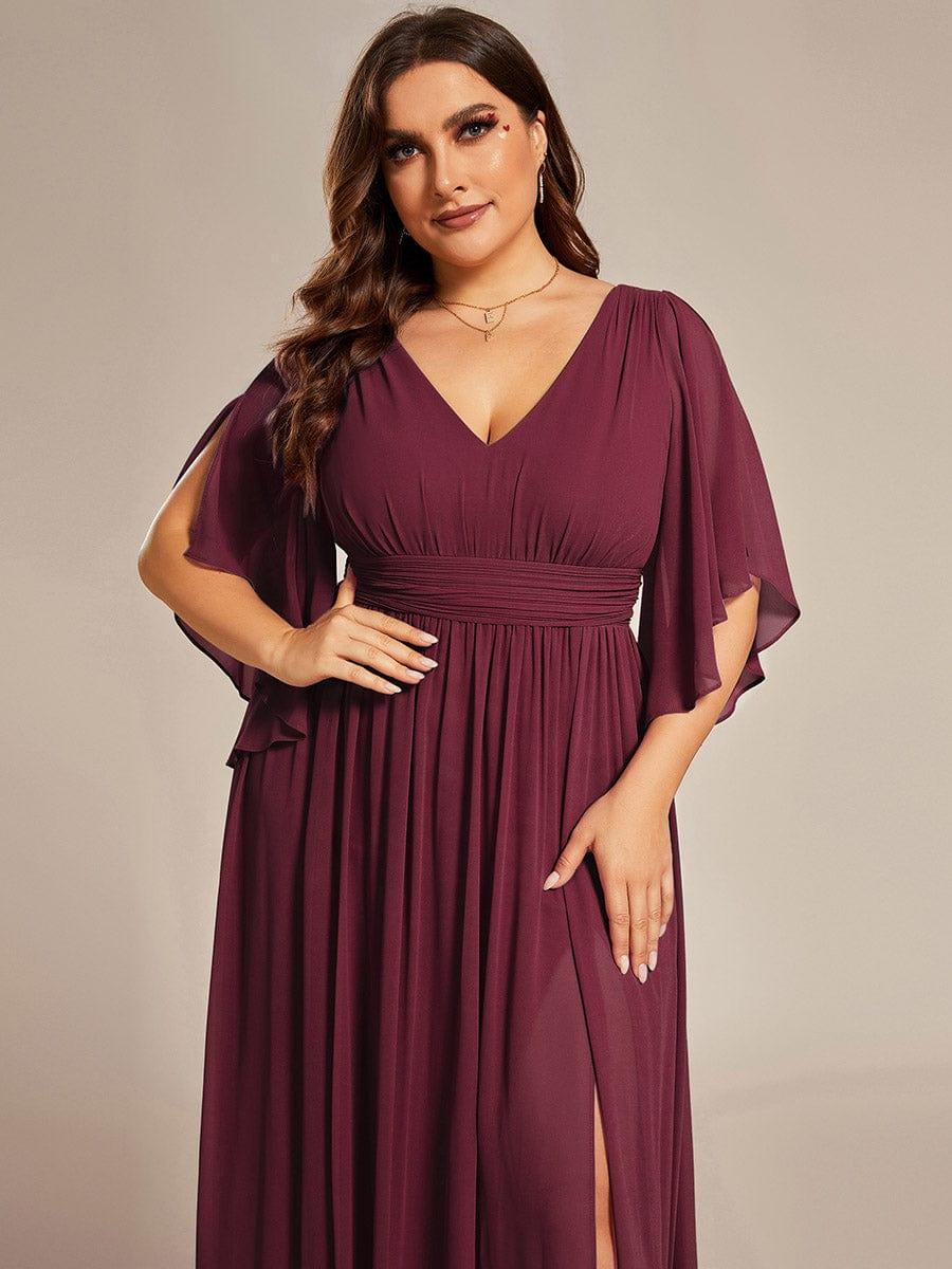 Plus Size Printed Half Sleeve Pleated A-Line Chiffon Wedding Guest Dress #color_Burgundy