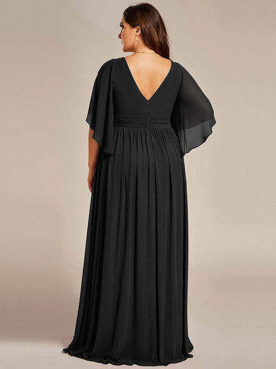 Plus Size Half Sleeve Pleated A-Line V-Neck Chiffon Bridesmaid Dress #color_Black