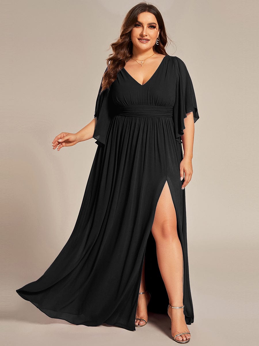 Plus Size Half Sleeve Pleated A-Line V-Neck Chiffon Bridesmaid Dress #color_Black