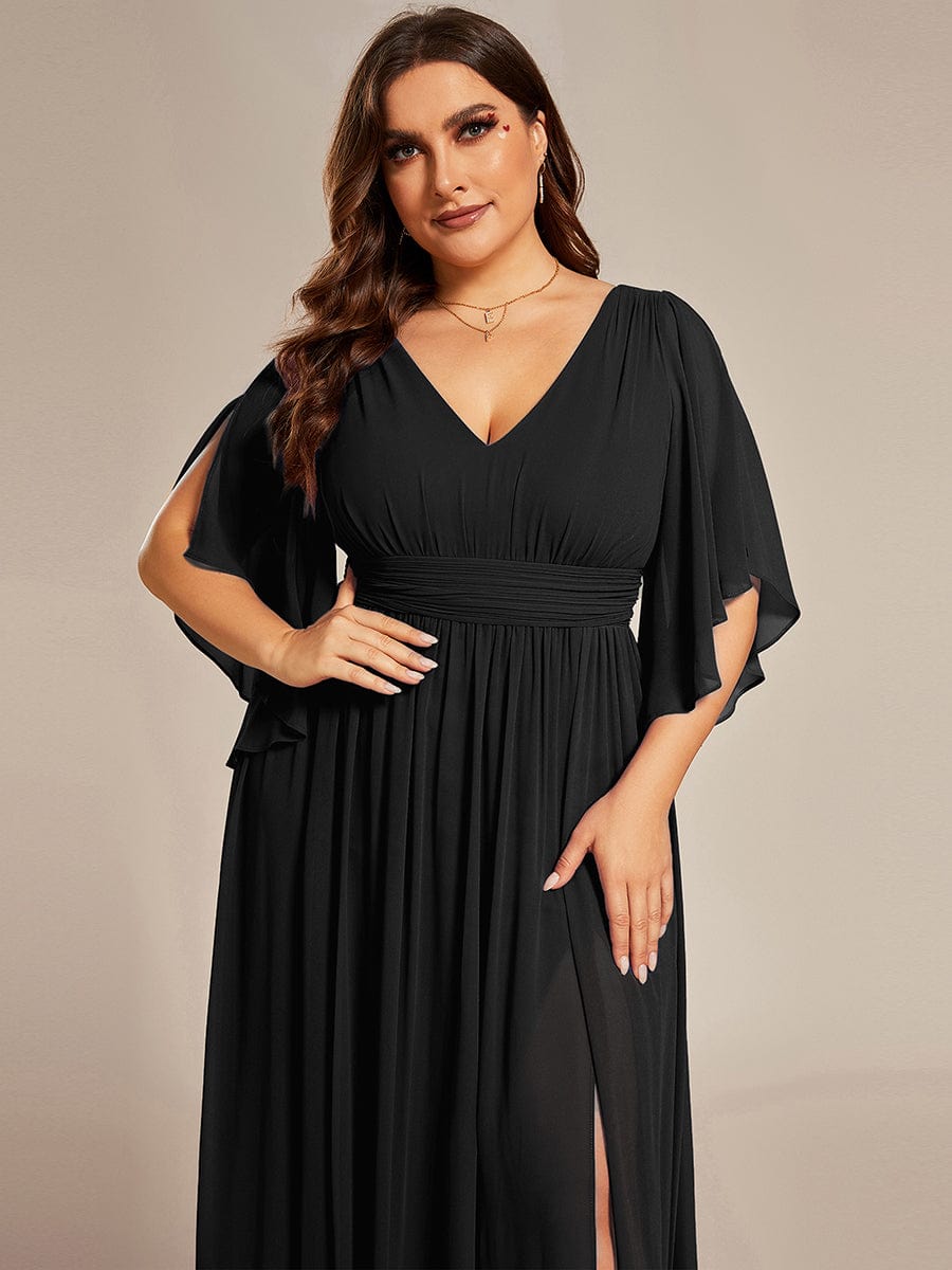 Plus Size Half Sleeve Pleated A-Line V-Neck Chiffon Bridesmaid Dress #color_Black