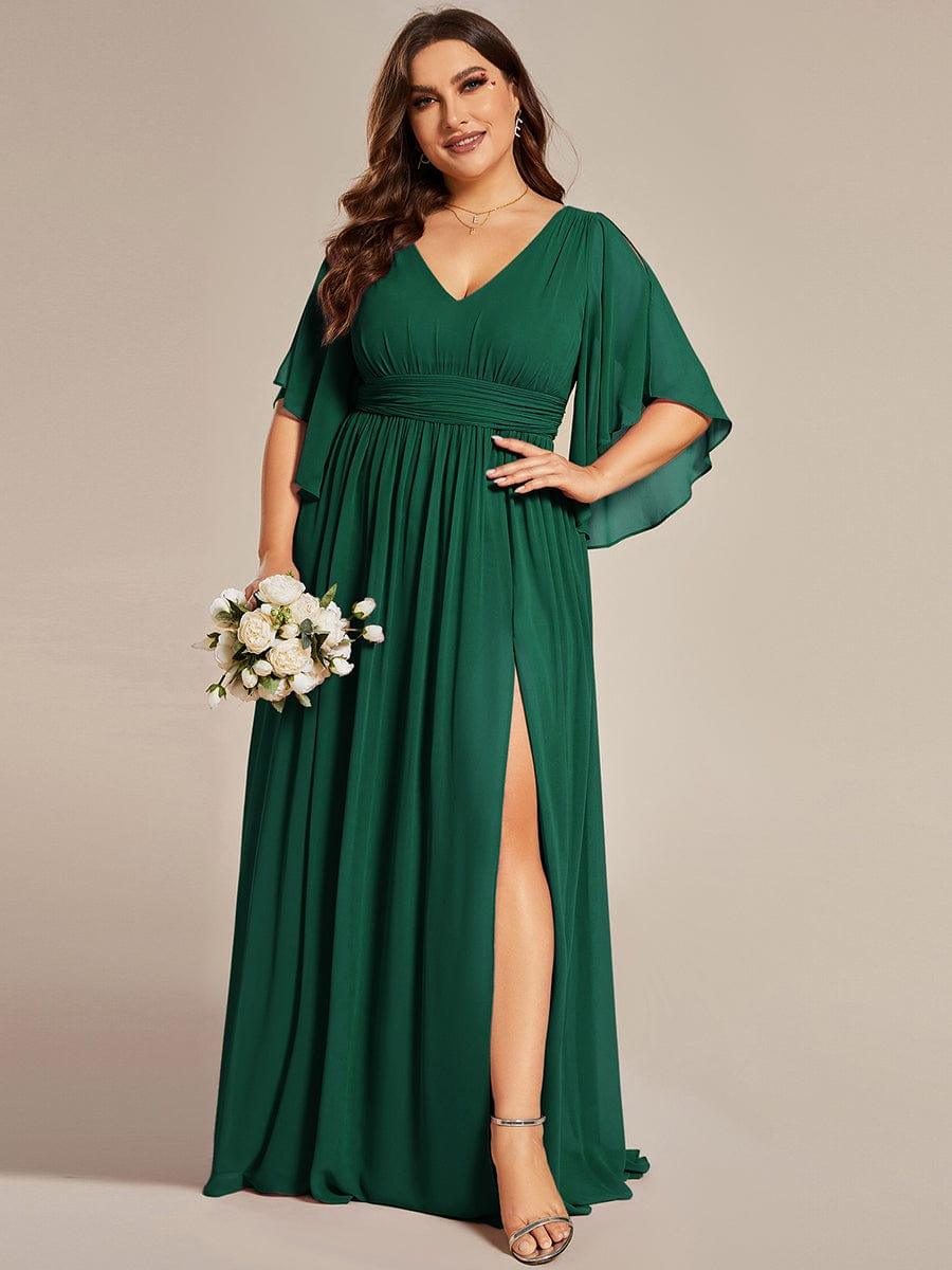Plus Size Printed Half Sleeve Pleated A-Line Chiffon Wedding Guest Dress #color_Dark Green
