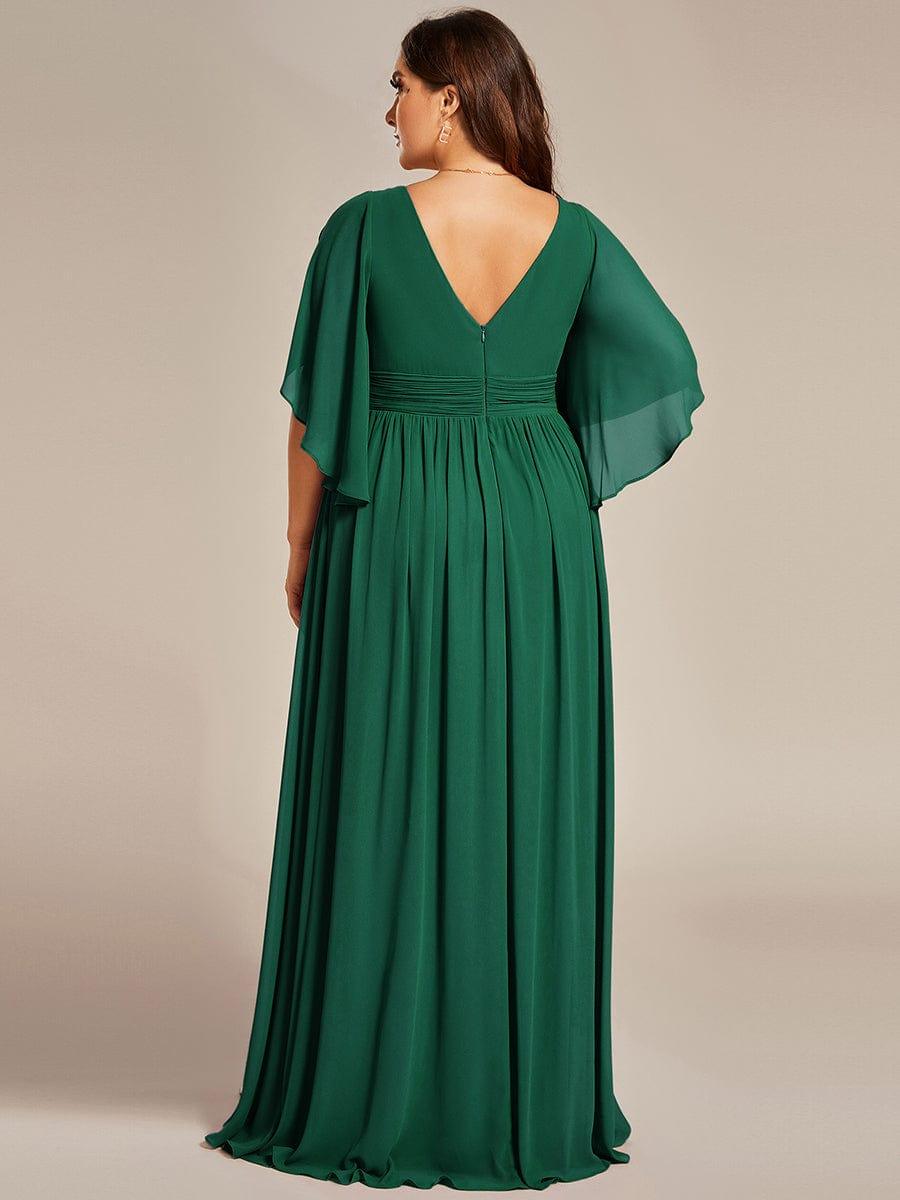 Plus Size Printed Half Sleeve Pleated A-Line Chiffon Wedding Guest Dress #color_Dark Green