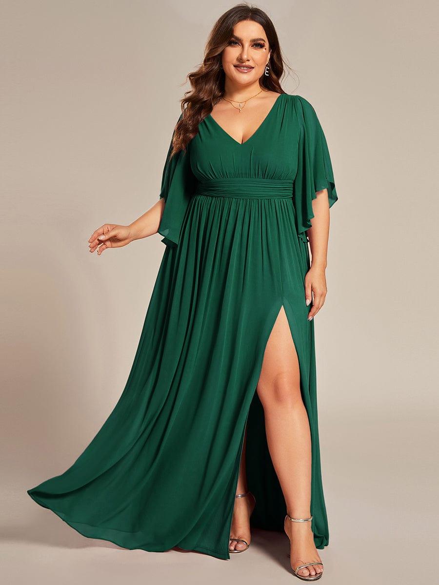 Plus Size Half Sleeve Pleated A-Line V-Neck Chiffon Bridesmaid Dress #color_Dark Green