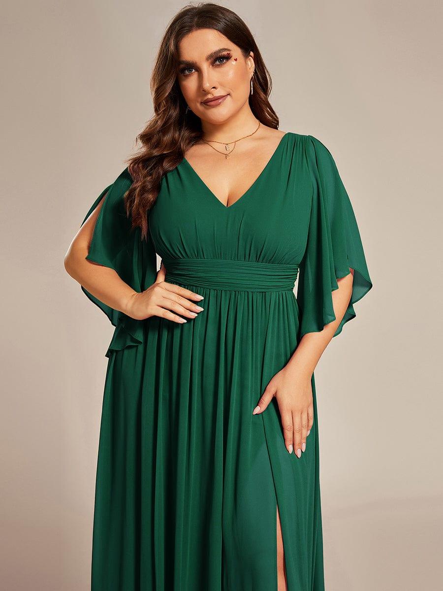 Plus Size Printed Half Sleeve Pleated A-Line Chiffon Wedding Guest Dress #color_Dark Green
