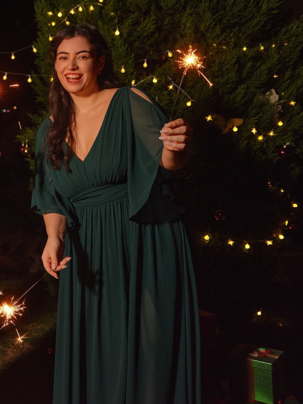 Plus Size Half Sleeve Pleated A-Line V-Neck Chiffon Bridesmaid Dress #color_Dark Green