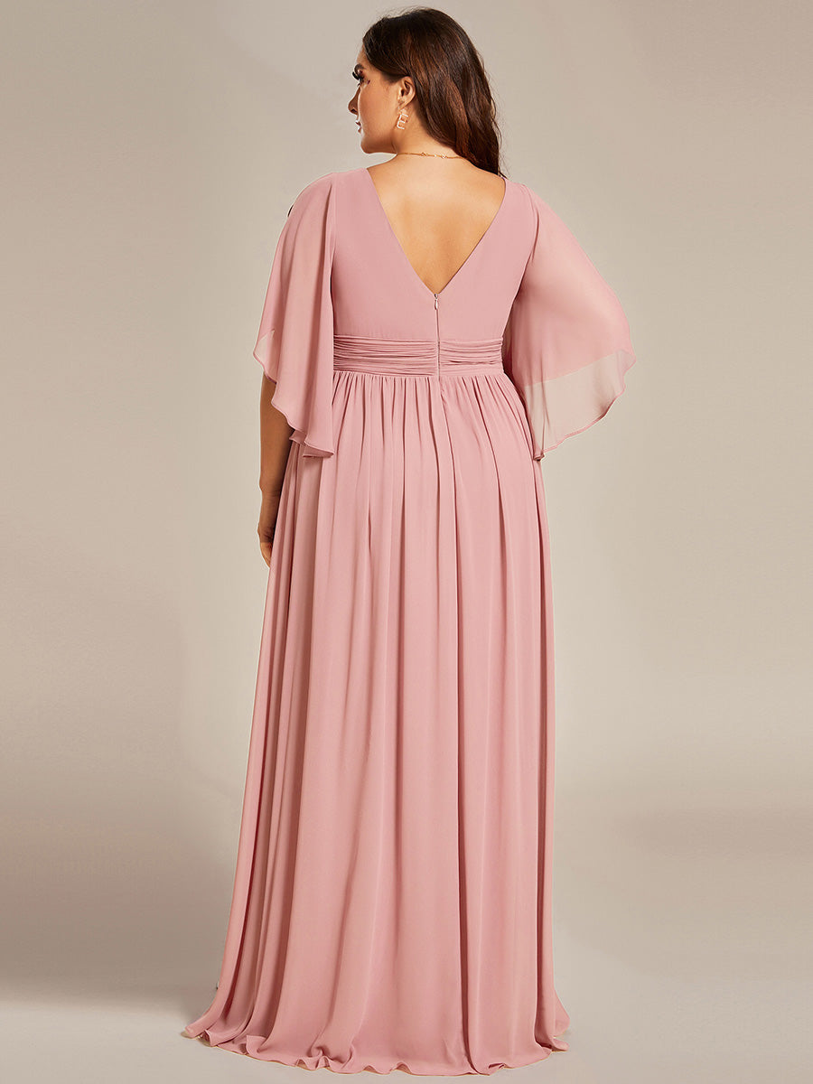 Half Sleeve V-Neck Pleated High Slit A-Line Chiffon Bridesmaid Dress #color_Dusty Rose