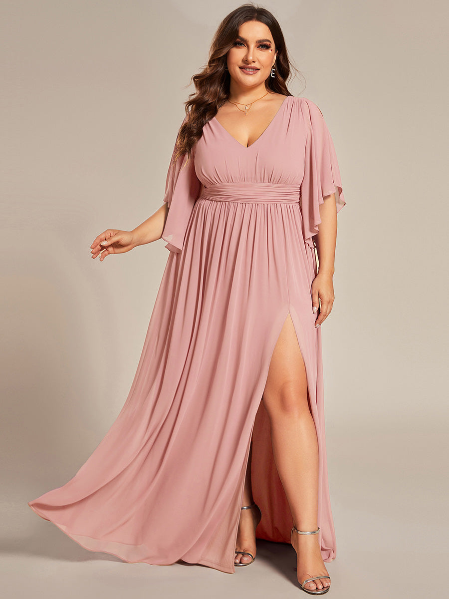 Plus Size Half Sleeve Pleated A-Line V-Neck Chiffon Bridesmaid Dress #color_Dusty Rose