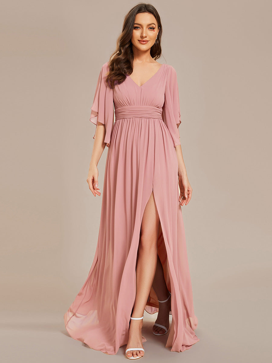 Half Sleeve V-Neck Pleated High Slit A-Line Chiffon Bridesmaid Dress #color_Dusty Rose