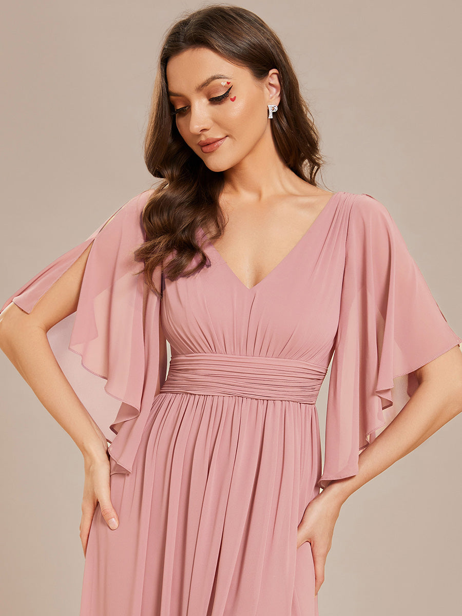 Half Sleeve V-Neck Pleated High Slit A-Line Chiffon Bridesmaid Dress #color_Dusty Rose